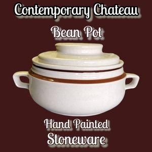 Vtg Contemporary Chateau Hand Painted Stoneware Japan Bean Pot Ivory w/ Speckles